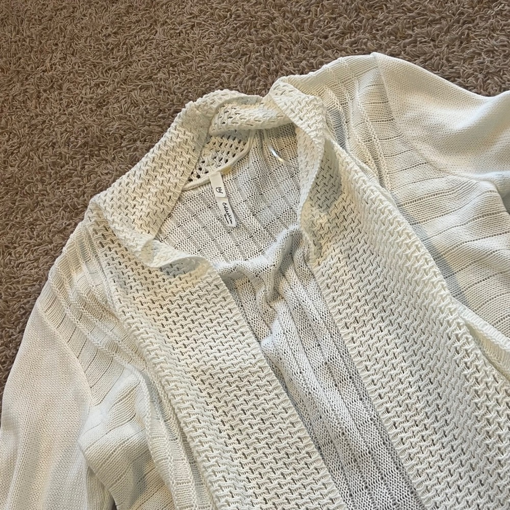 NY Collection Woman White Open Front Knit Cardigan Sweater Duster Pointelle - Picture 1 of 4